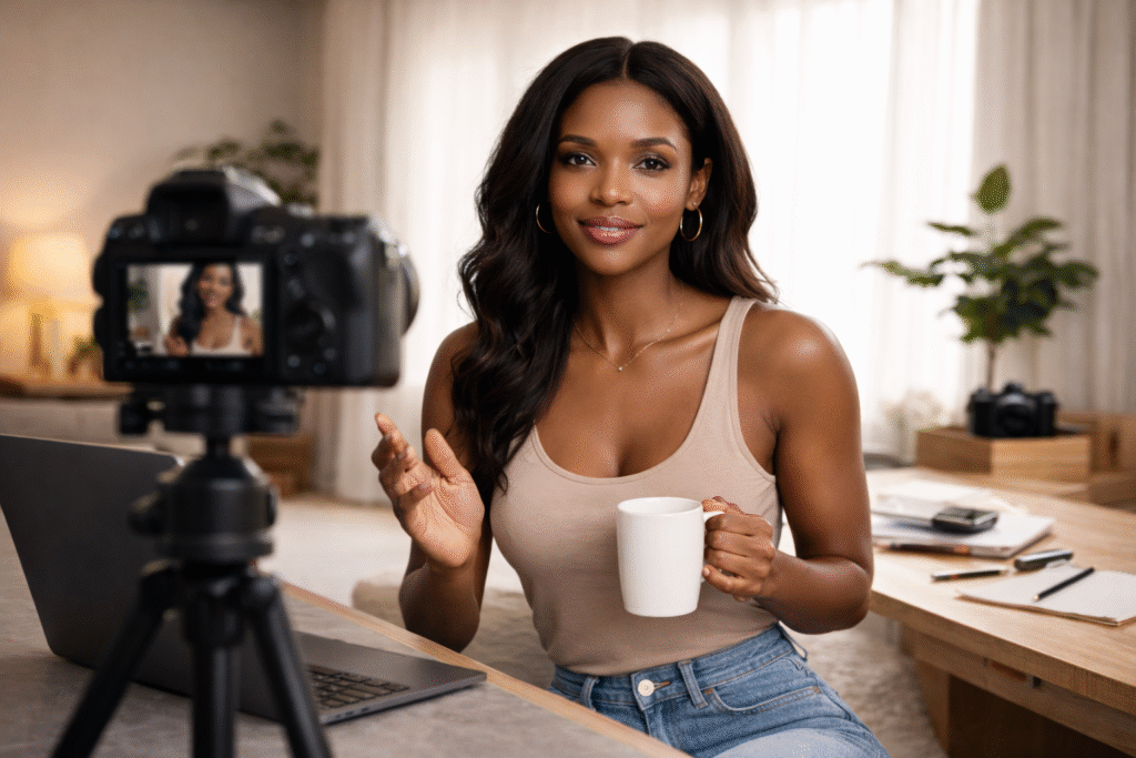 Black woman entrepreneur recording a video at her desk with a camera and laptop while building her personal brand.