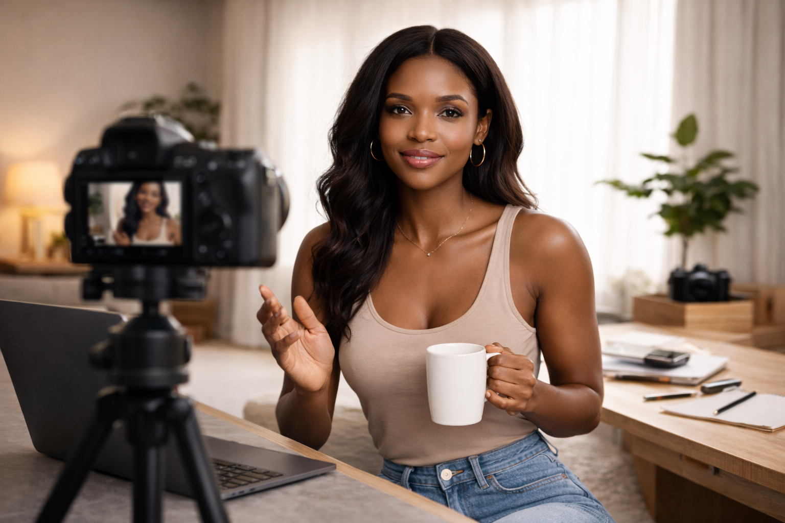 Black woman entrepreneur recording a video at her desk with a camera and laptop while building her personal brand.