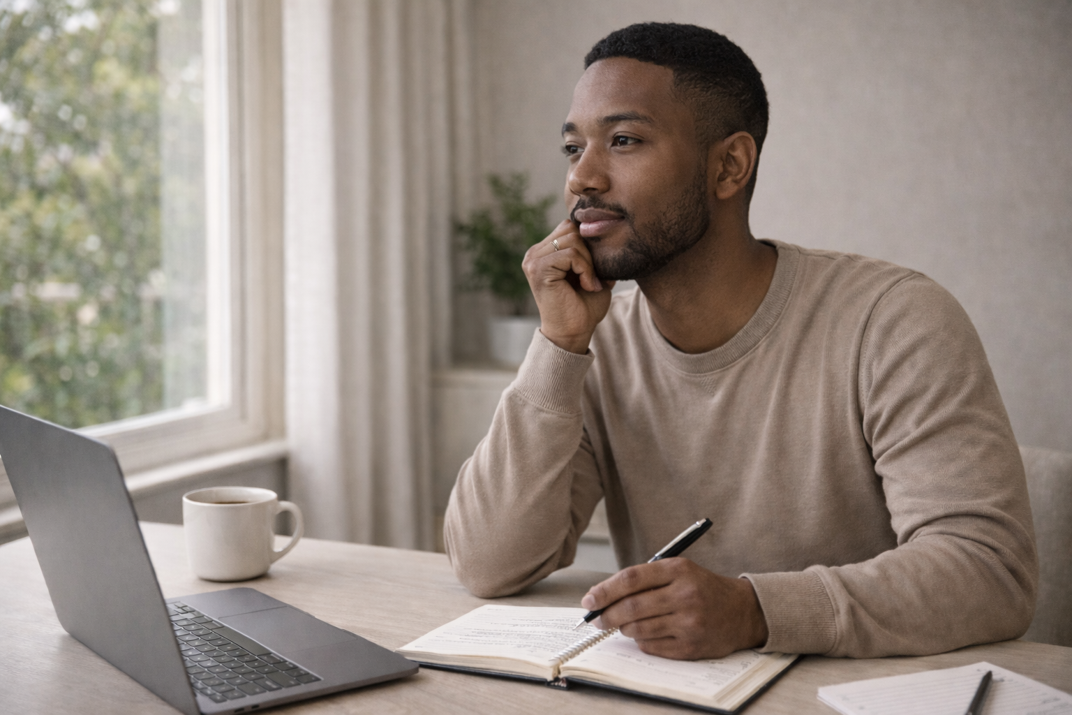 Black male entrepreneur sitting at a desk looking out the window while writing in a notebook, representing defining a brand voice.