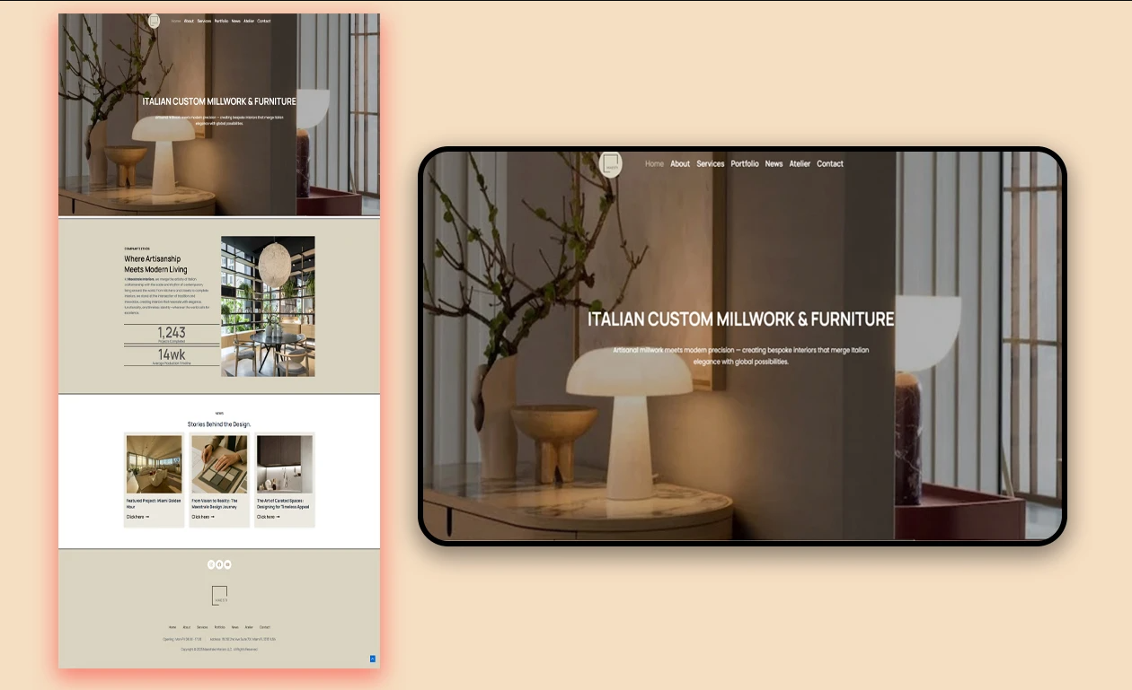 Website design for Maestrale Interiors showcasing luxury Italian custom millwork, bespoke cabinetry, and high-end interior design with an elegant, modern layout