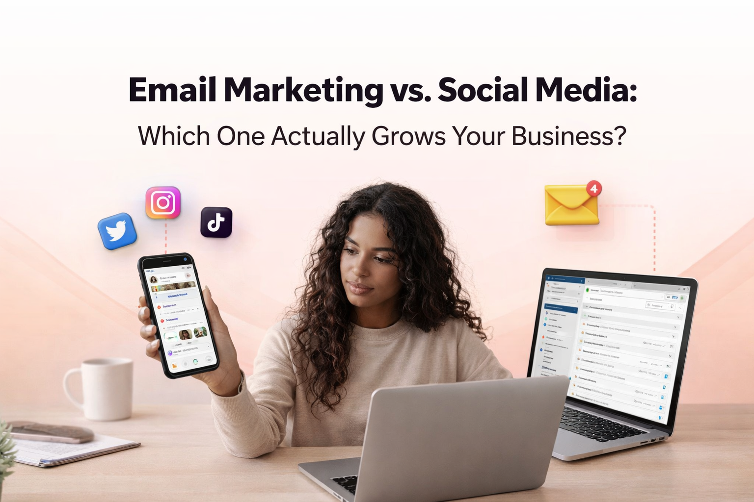 Woman entrepreneur comparing social media on her phone and email marketing on her laptop at a modern desk.
