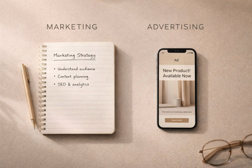 Minimalist desk with a notebook showing marketing strategy and a smartphone displaying a digital advertisement, representing marketing vs advertising.