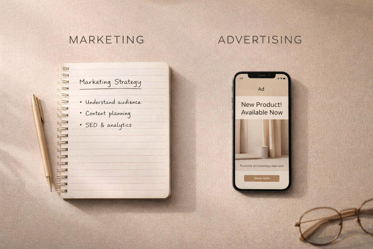 Minimalist desk with a notebook showing marketing strategy and a smartphone displaying a digital advertisement, representing marketing vs advertising.